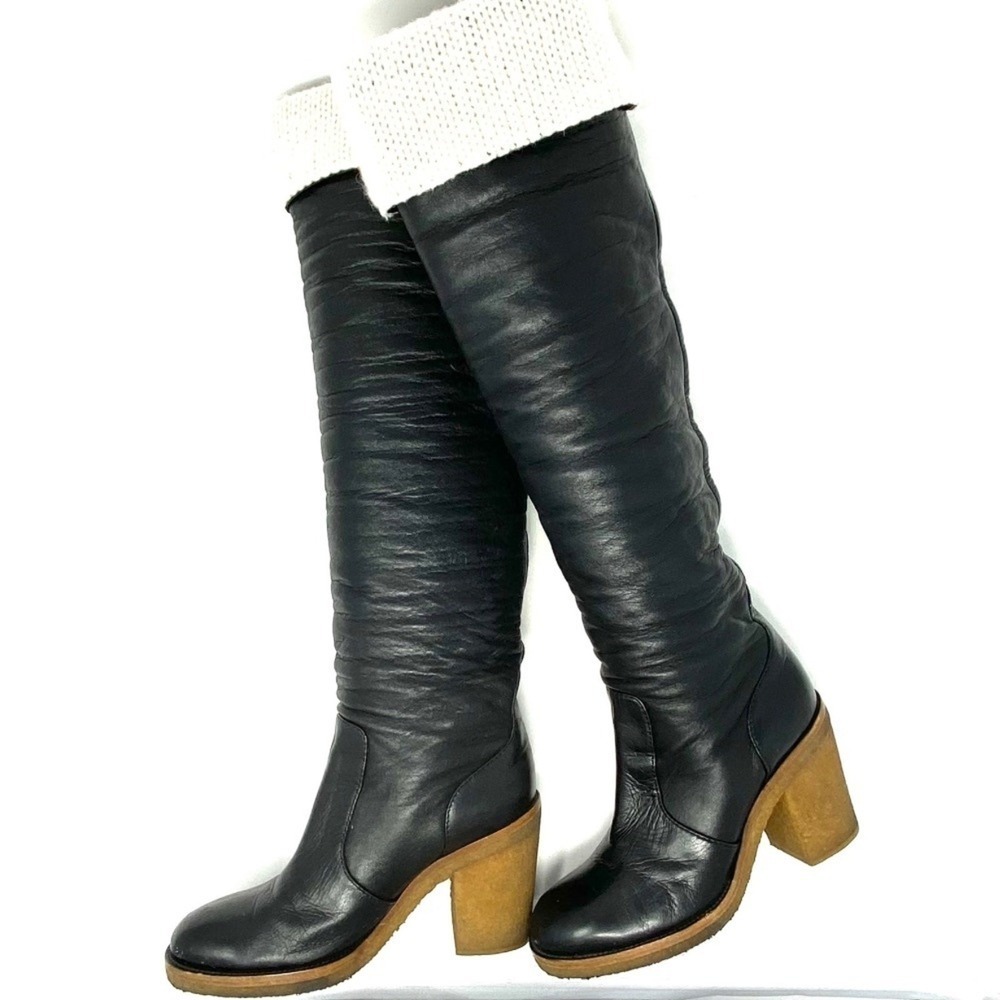 CHANEL CC LOGO BOOTS TALL BLACK LEATHER KNEE HIGH RIDING BOOTS AUTHETIC SIZE 6
